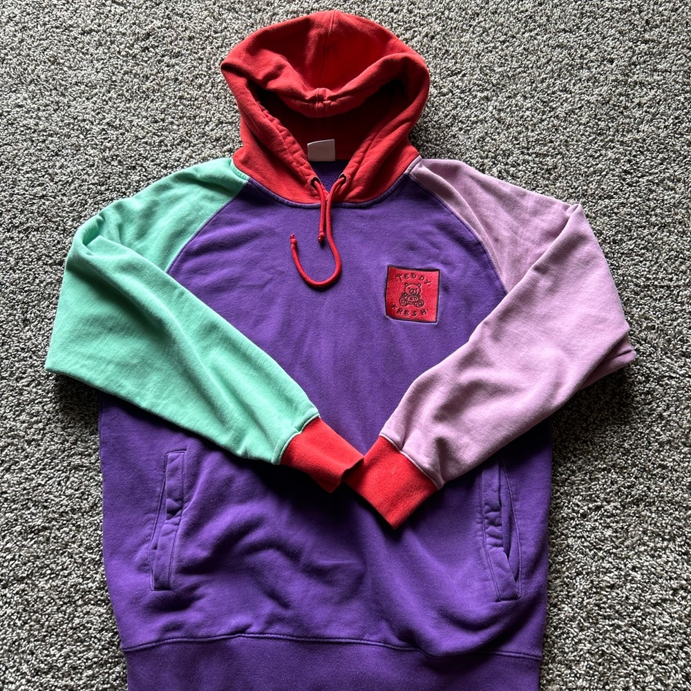 Teddy Fresh Men's Color Block Pastel Hoodie Sweatshirt Size xl Purple/Red/Green